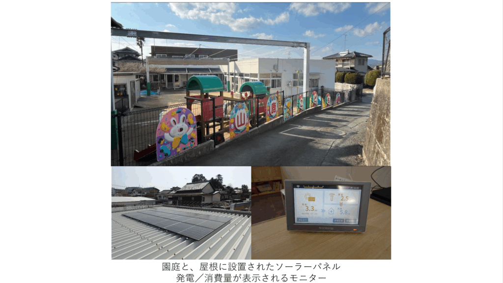 園庭と屋根に設置されたソーラーパネル発電/消費量が表示されたパネル