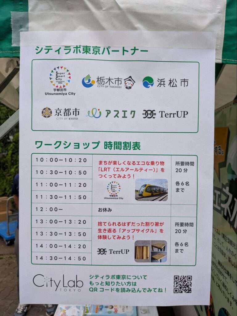 シティラボ東京ブースの出展者やワークショップの開催時間の掲示